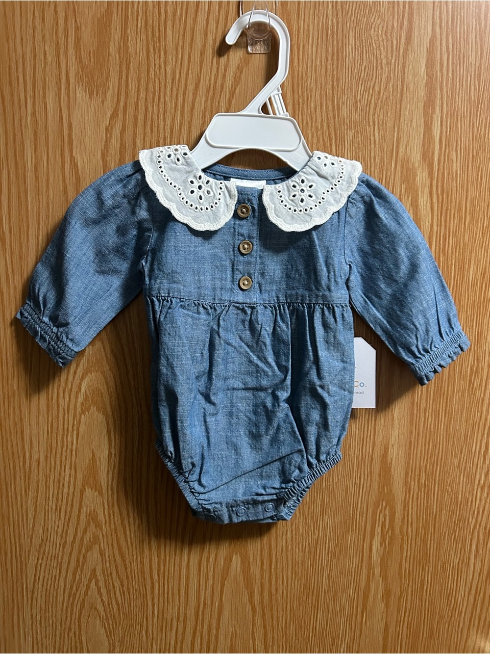 Blue Jean Long Sleeve Bodysuit w/Lace Collar